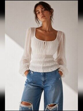 Free People White Sheer Smocked Peasant Blouse Large EUC